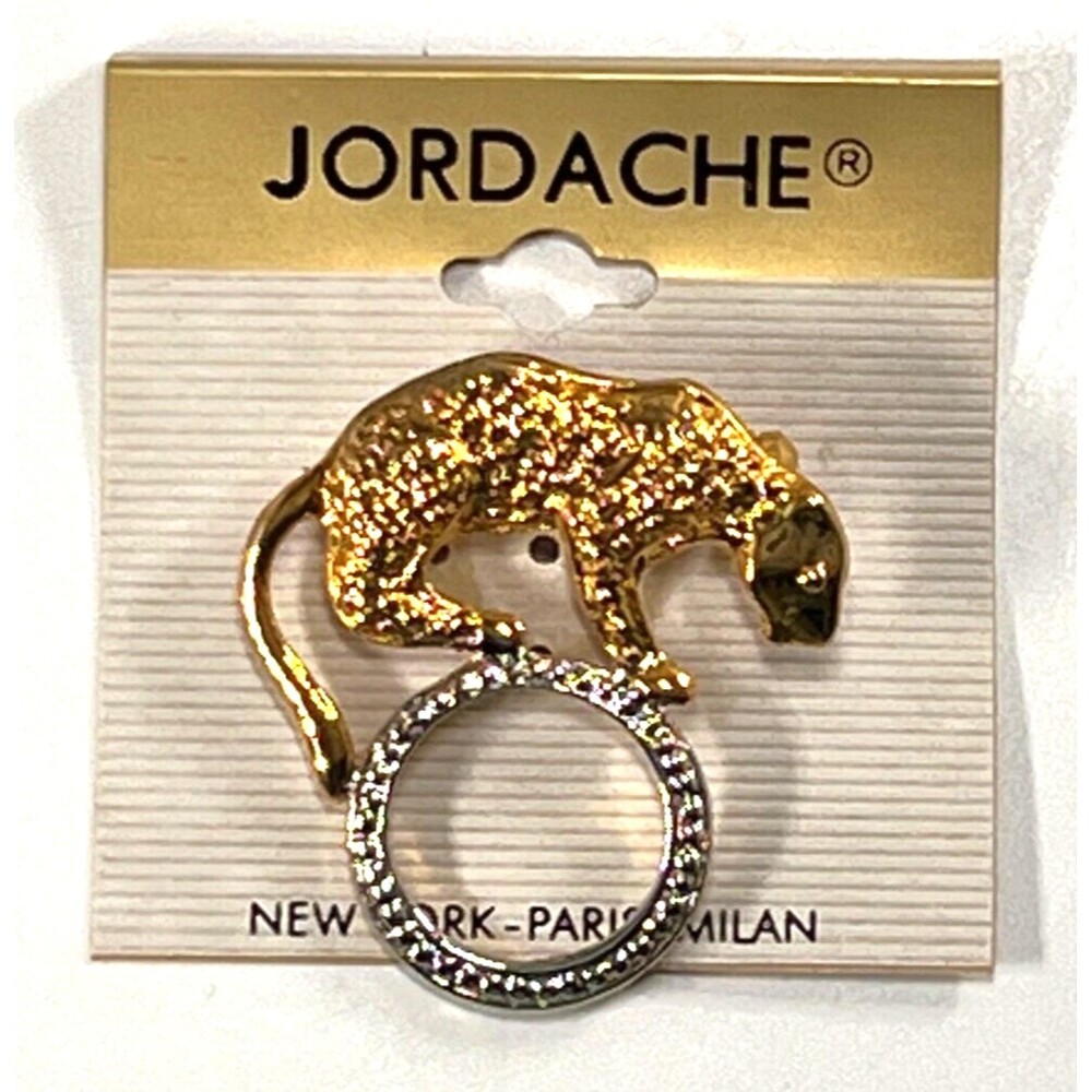 Jordache Brooch Pin Vintage Gold Tone Jaguar on Silver Tone Ring NOS on Pin Card